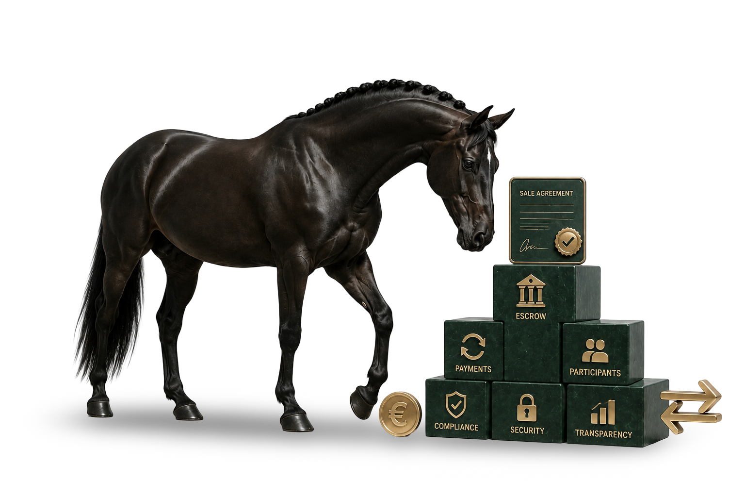 A horse beside the building blocks of a transaction — escrow, payments, participants, compliance, security, transparency