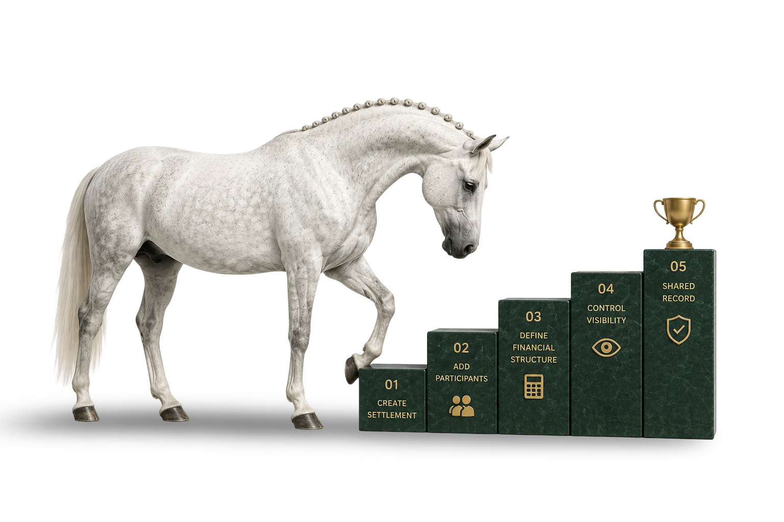 A horse climbing five steps: create, add participants, define financial structure, control visibility, shared record